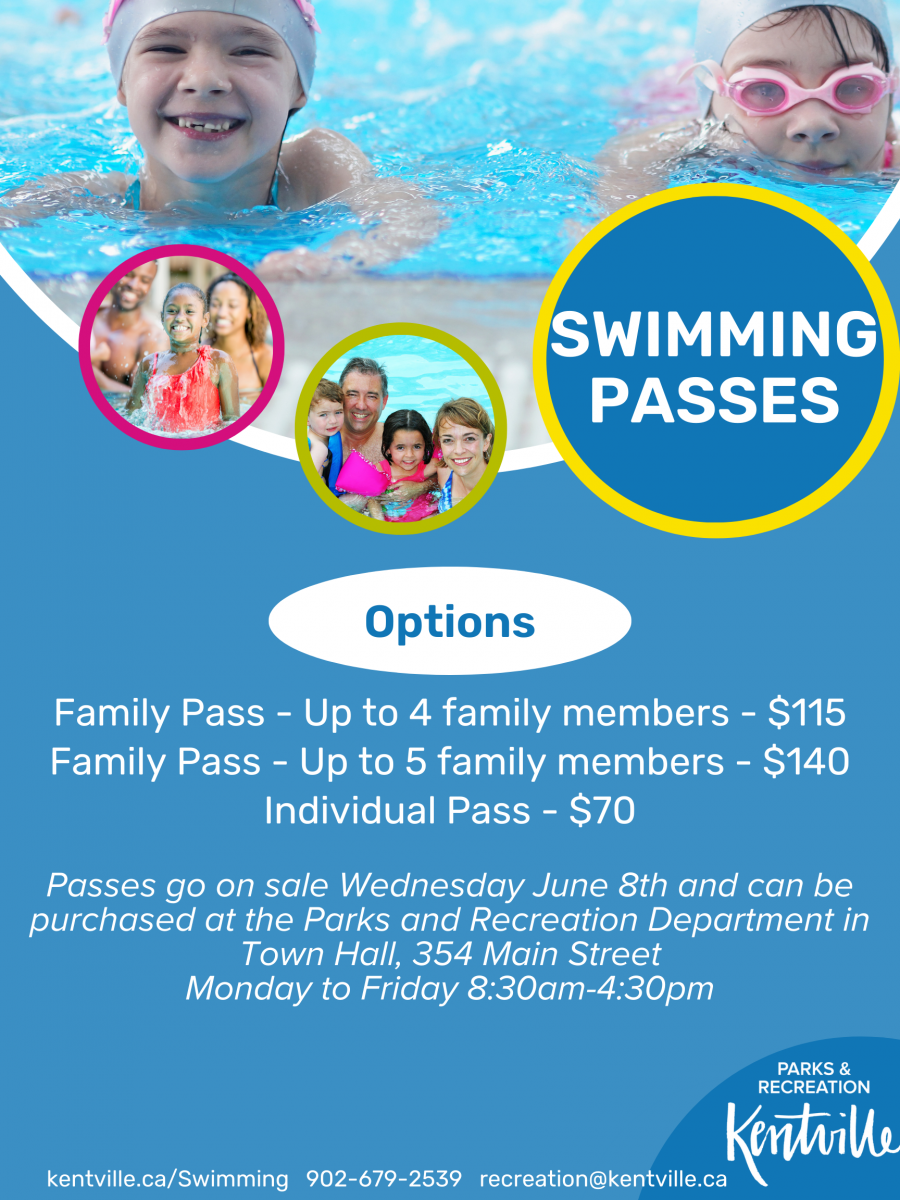Pool passes go on sale Wednesday June 8th at Kentville Town Hall. Individual passes, passes for families up to 4 and passes for families up to 5 are available. 