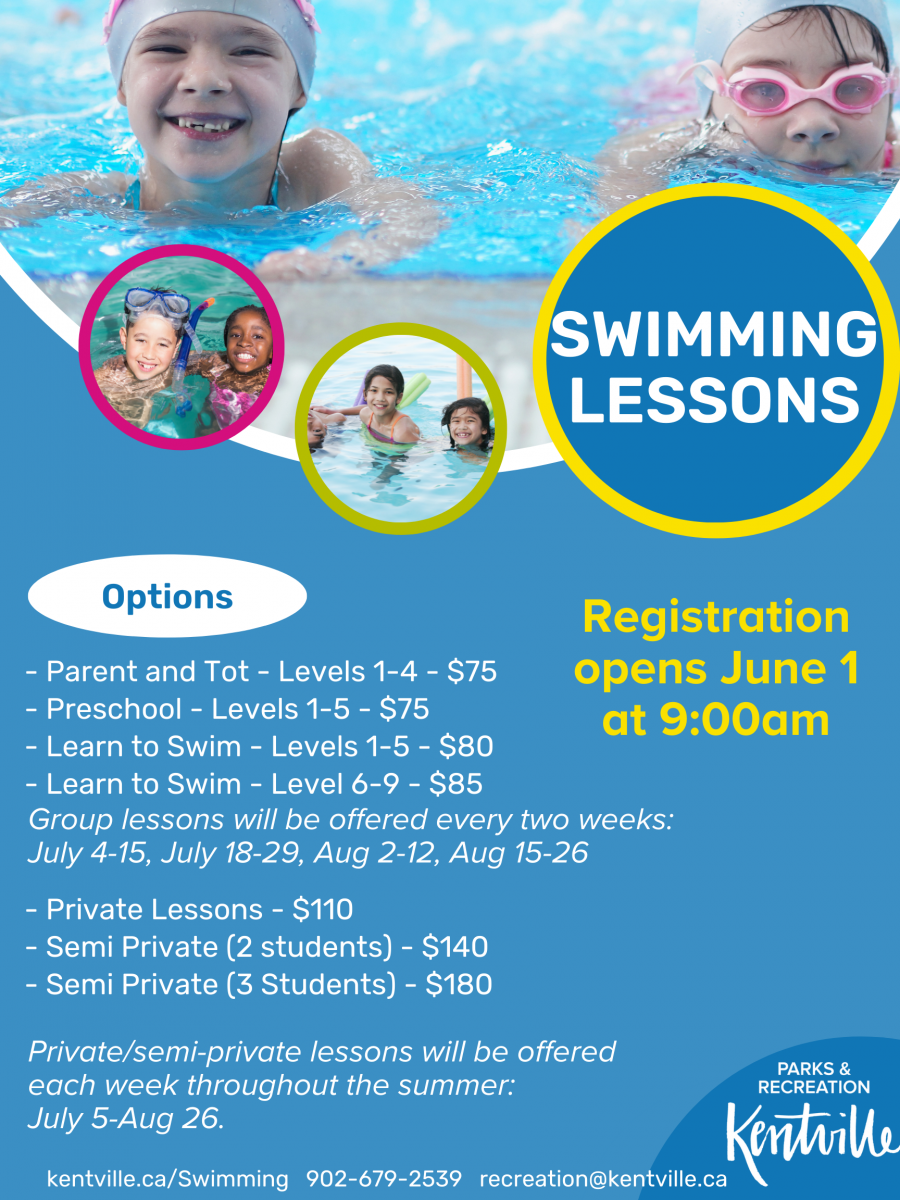 Swimming lessons are back for 2022. Parent and tot, preschool and levels 1 through 9 available. Call 902-679-2539 for more information. 