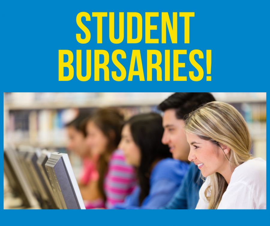 Students at desks and computers, text "Student Bursaries"