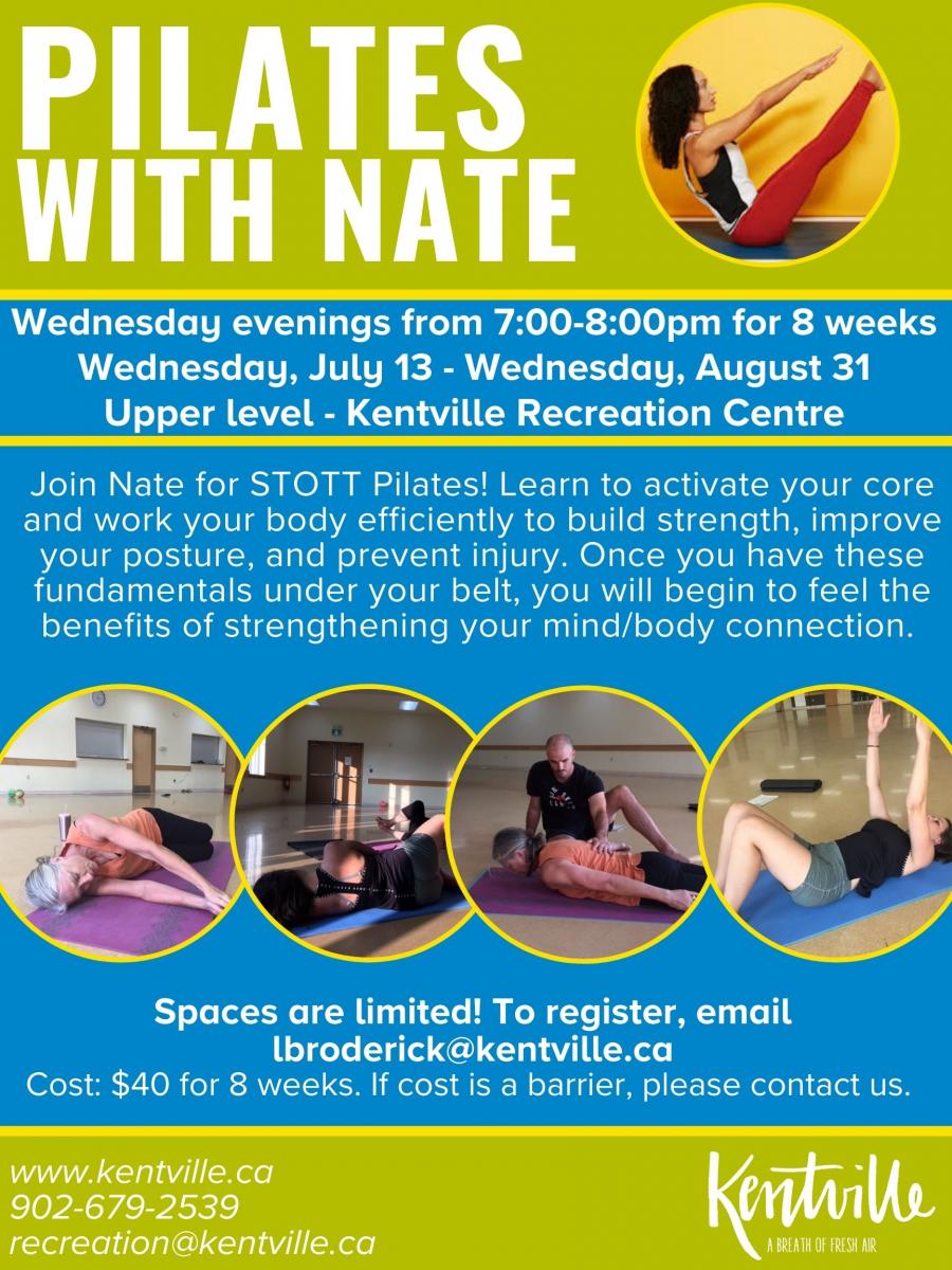 Pilates class on Wednesdays from 7-8pm in the upper level of the recreation centre from WEdnesday July 13th to Wednesday August 31st. Email lbroderick@kentville.ca to register.