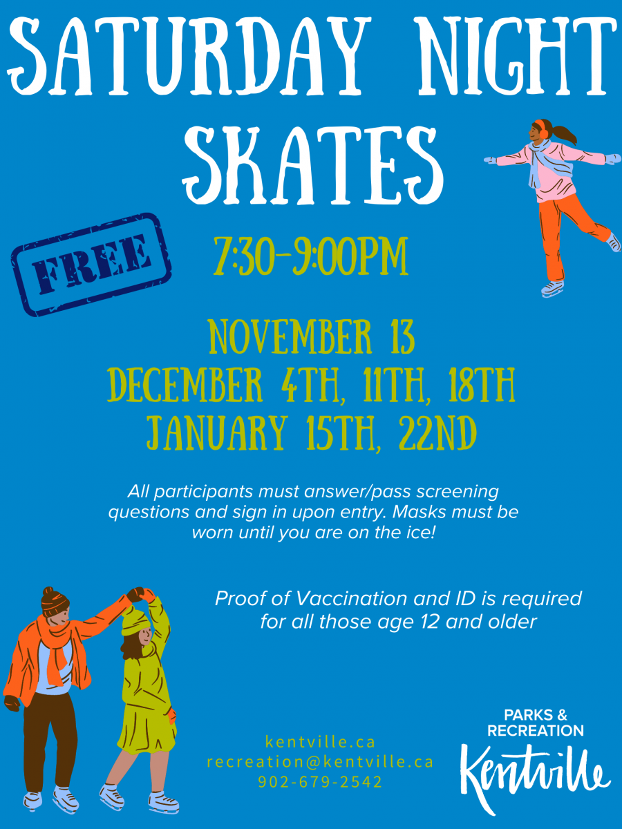 poster outlining the details of the Saturday Night Skates, 7:30-9:00pm, Nov 13, Dec 4, dec 11, Dec 1, Jan 15 and Jan 22. 