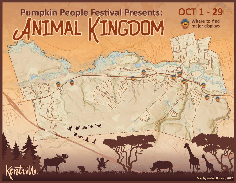 a map shows locations of pumpkin people displays that can be found in the Town of Kentville from October 1st until October 29th 2022. 