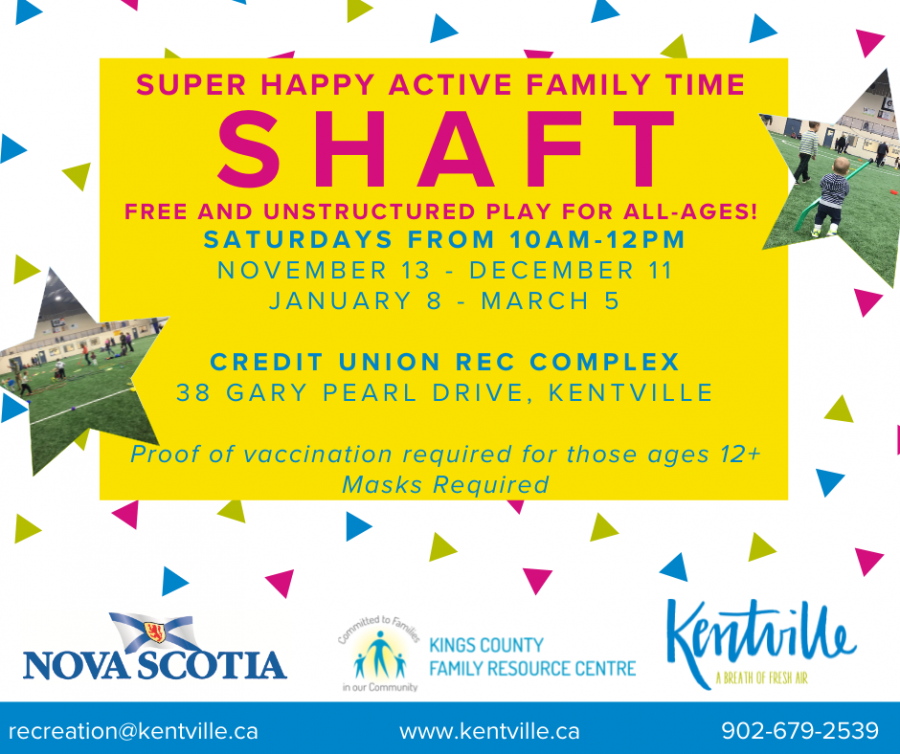 Poster for Super Happy Active Family Time at the Credit Union Rec Complex on saturdays