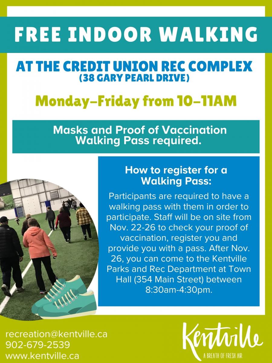 Poster indicating the information for the winter indoor walking at the Credit Union Rec Complex
