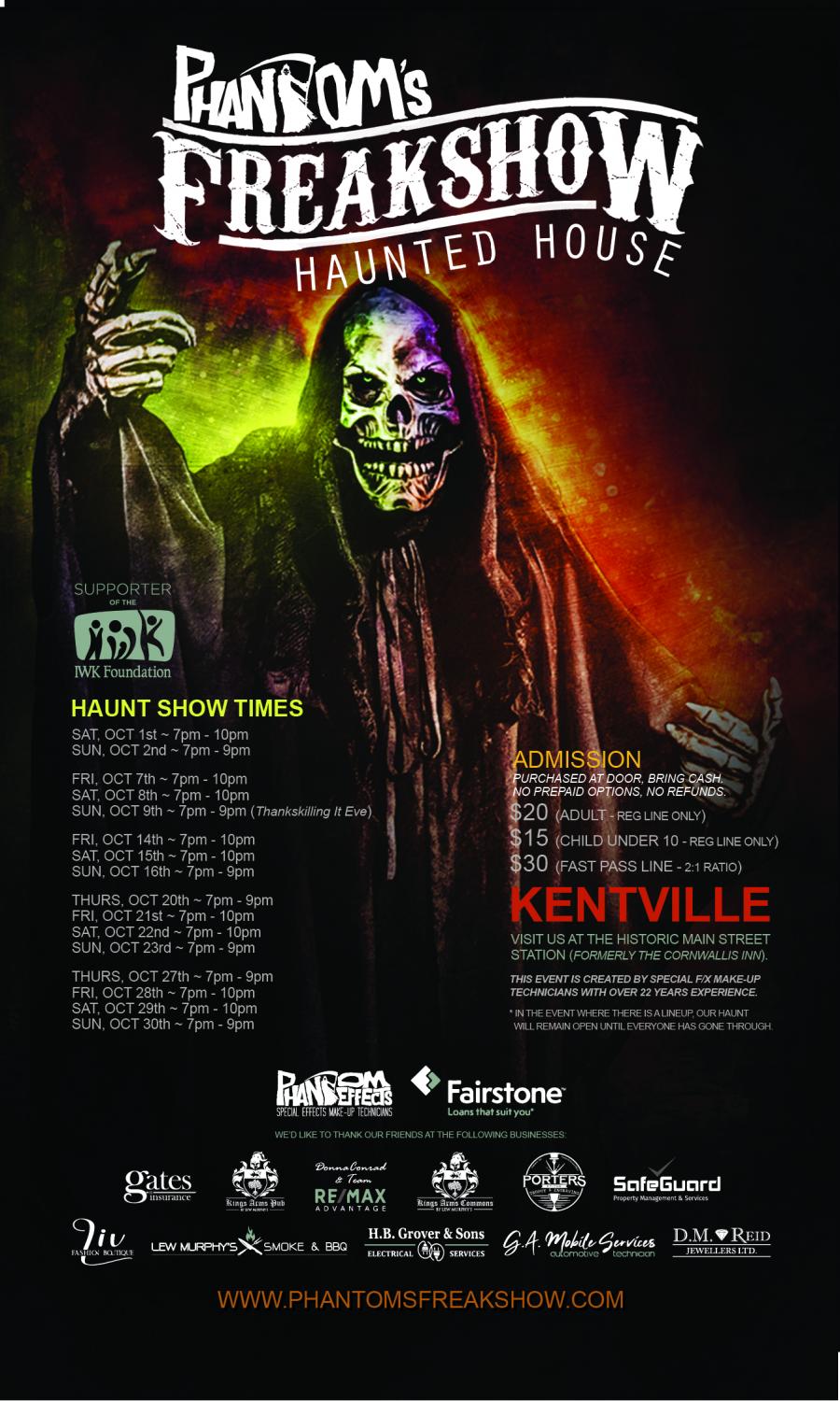 a poster advertises the dates and times of the Phantom Freakshow Haunted House