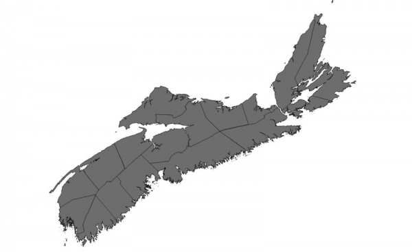 A map of Nova Scotia is coloured grey indicating current burn restrictions by county