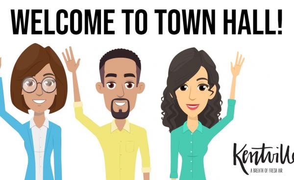 Happy cartoons waving, welcome to town hall