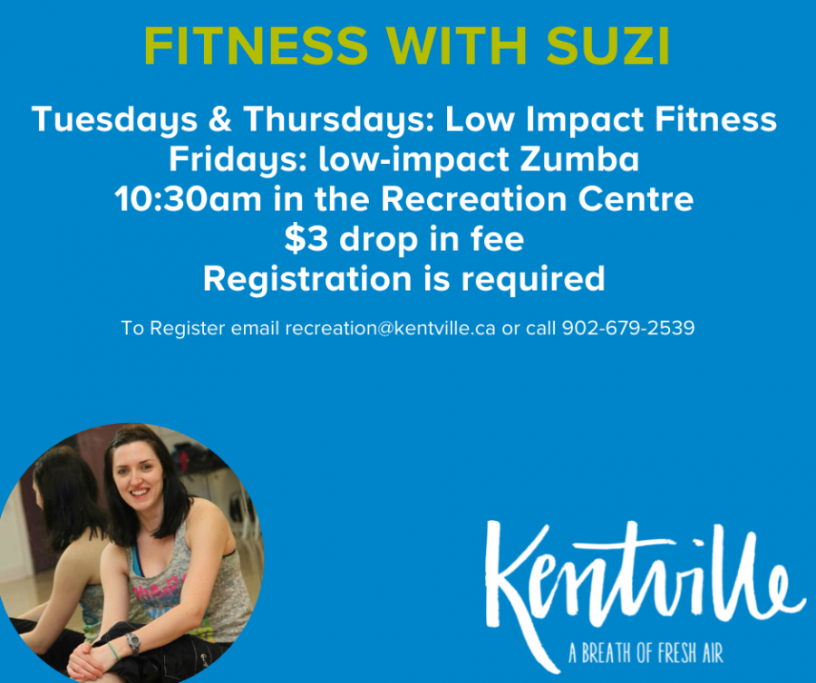 Fitness with Suzi poster containing class information, such as cost, time and how to register