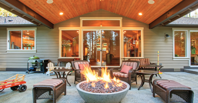 Picture of a cozy covered outdoor patio with patio chairs and propane fire