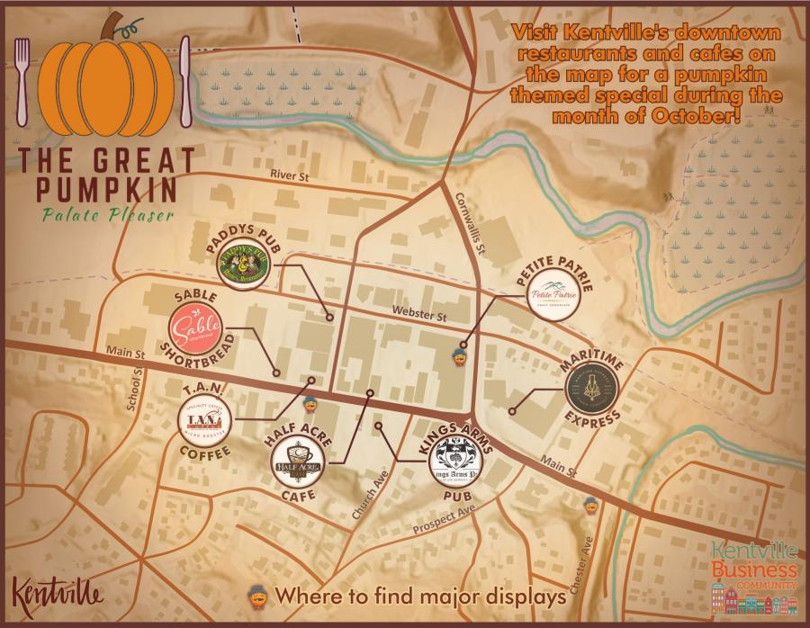 a map shows locations of restaurants and eateries downtown who are offering special pumpkin dishes during the Pumpkin People Festival in Kentville